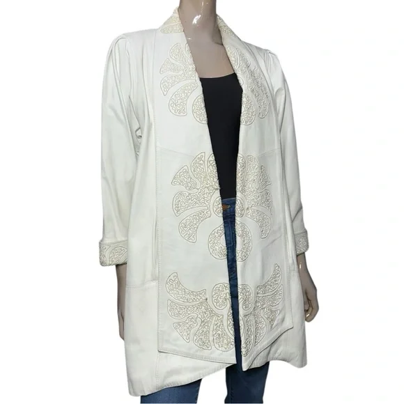 Toppolino Vintage Women’s Size S White Embroidered Open Leather Jacket